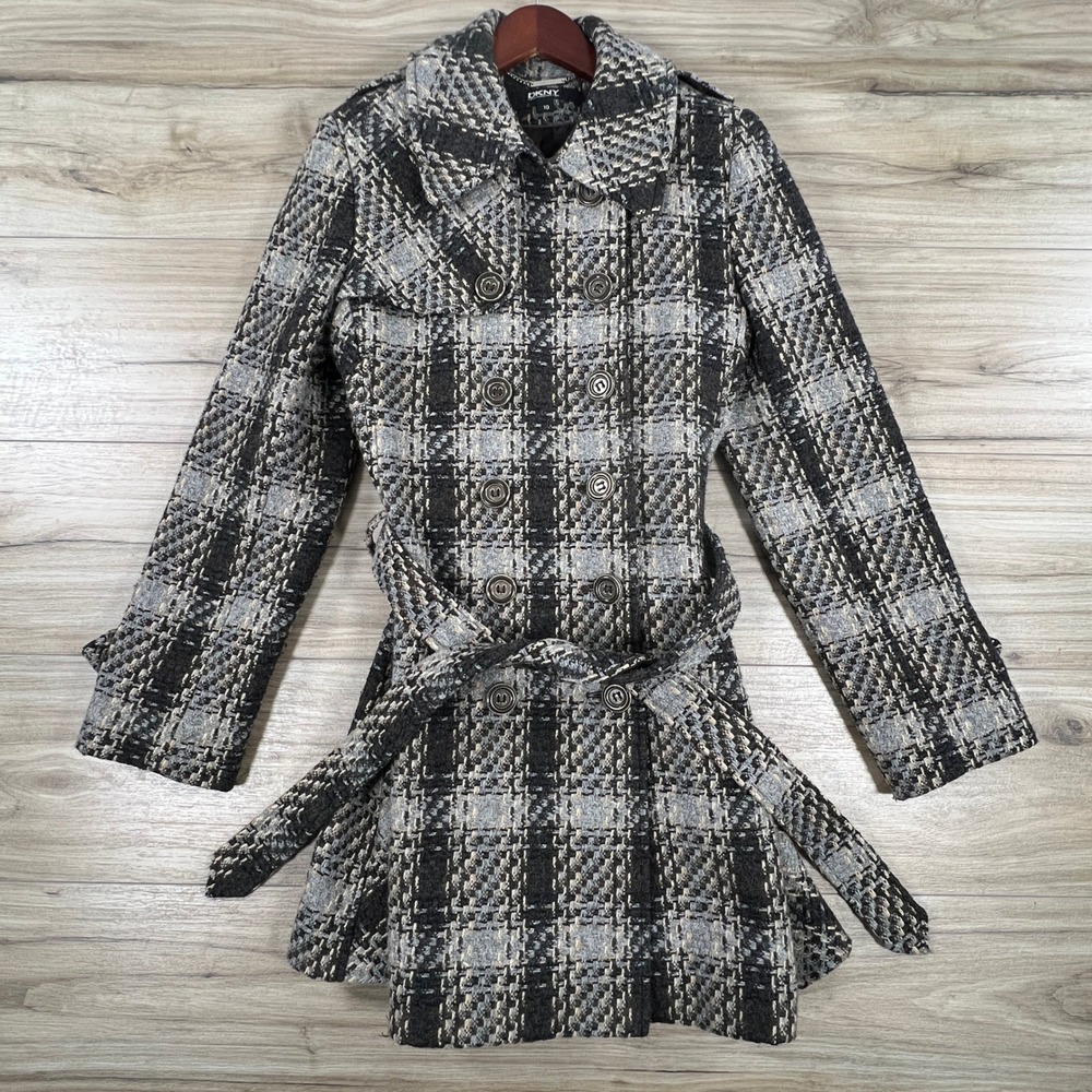 DKNY Womens Plaid Wool Blend Double Breasted Trench Coat Brown Grey Size 10